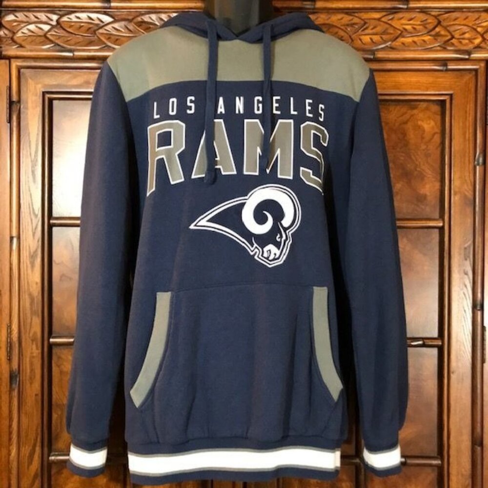 NFL Los Angeles Rams Navy Silver Gray Drawstring Cotton Blnd Fleece Lined Hoodie